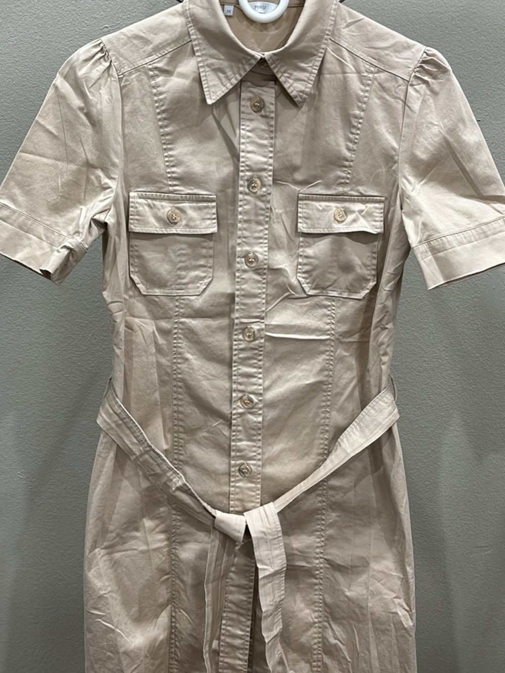 M4U Beige Short-Sleeve Shirt Midi Dress with Waist Tie size small